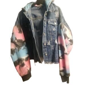 Thrill Jeans Blue Pink Raw Hem Crop Distressed Convertible Denim Jacket Sz 2x